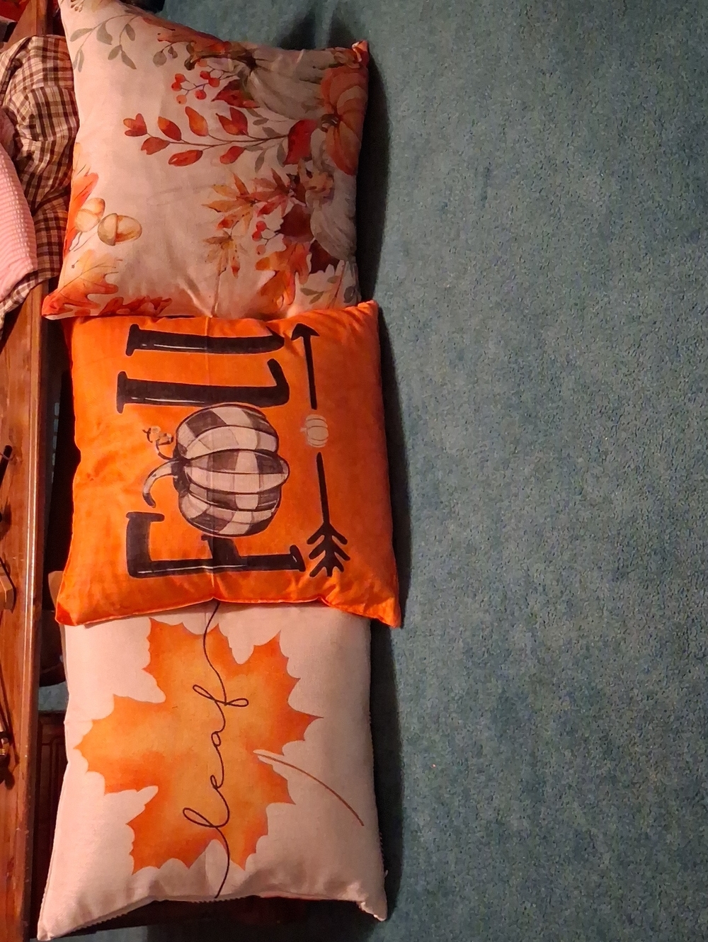 Fall Decorative Pillow Trio - Orange Leaf & 'Fall' Design